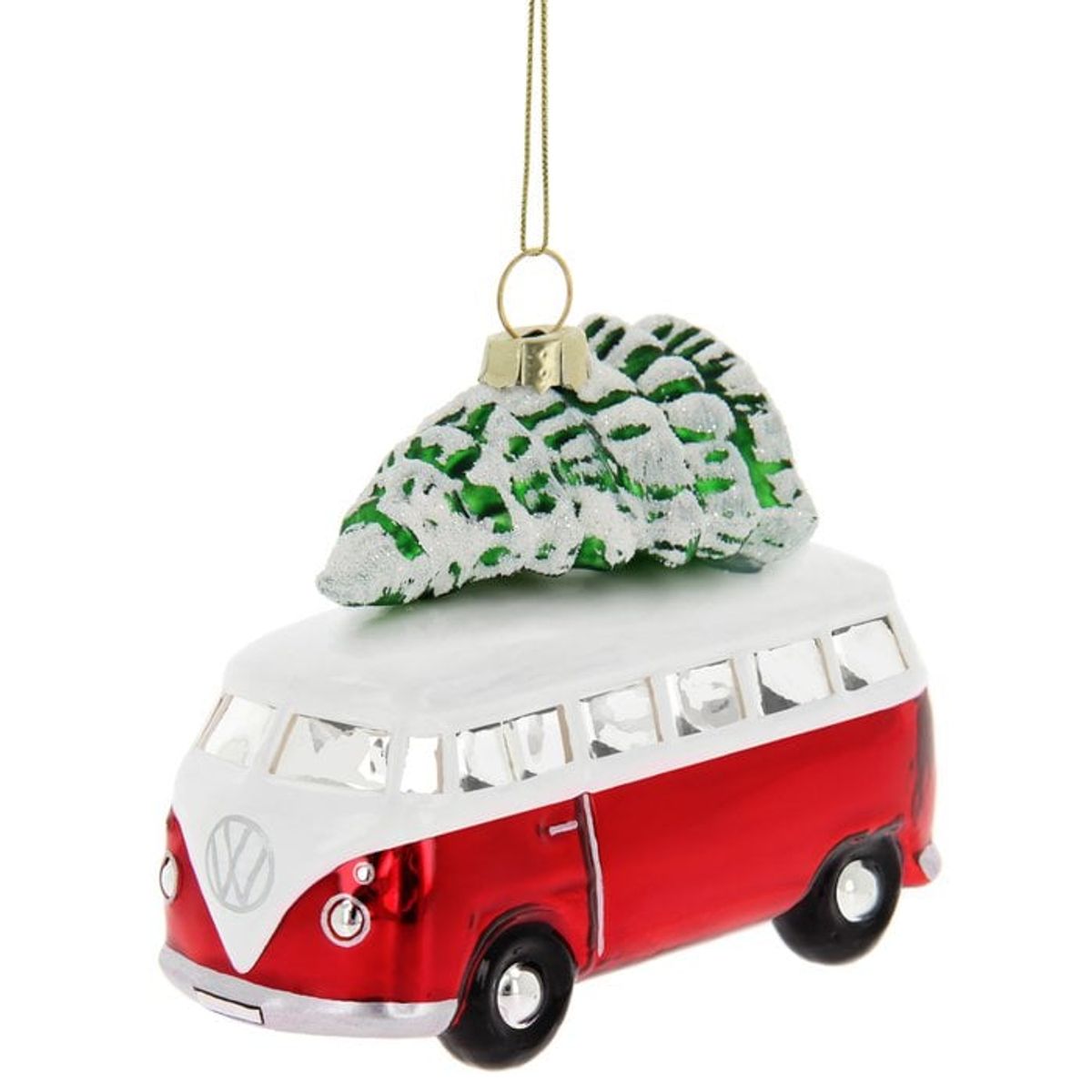 Volkswagen VW T1 Bus Glass Decoration / Christmas Ornament in Gift Box - Red with Tree