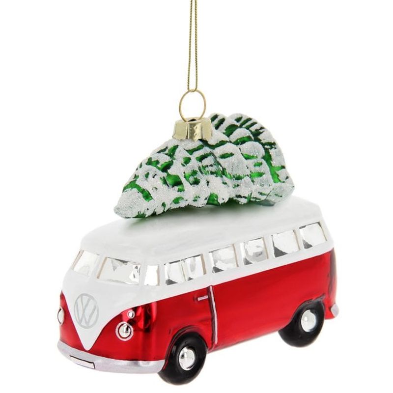 Volkswagen VW T1 Bus Glass Decoration / Christmas Ornament in Gift Box - Red with Tree