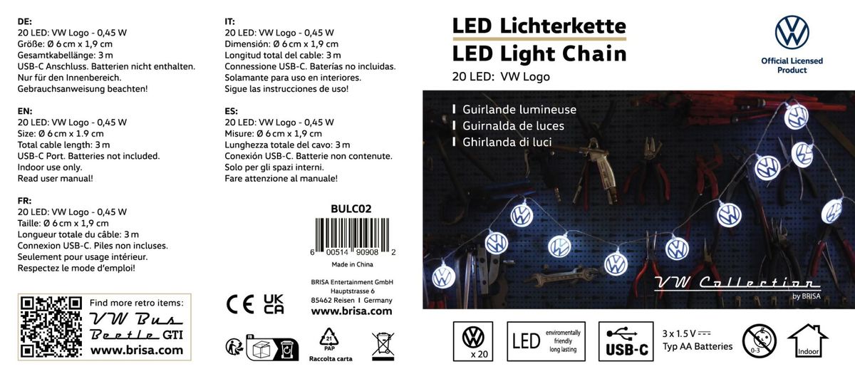 VW Logo 3D lysslynge 3 m, 20 x LED (USB-C)